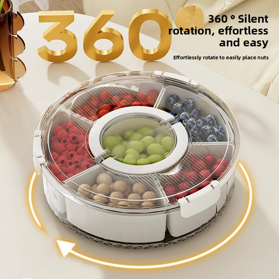 Rotating Snack Serving Tray with Lid & Handle – Divided Snack Spinner Organizer for Fruits, Candy, Nuts & Party Platters