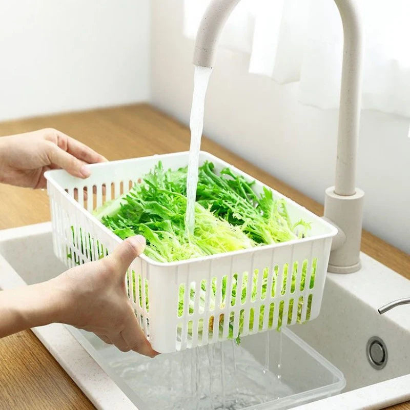 Refrigerator Storage Container with Drain Basket for Fruits & Vegetables