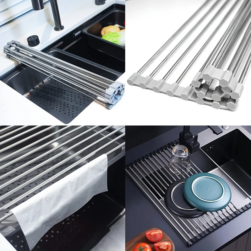 Roll Up Stainless Steel Dish Drying Rack for Kitchen Sink Space Saving Organization
