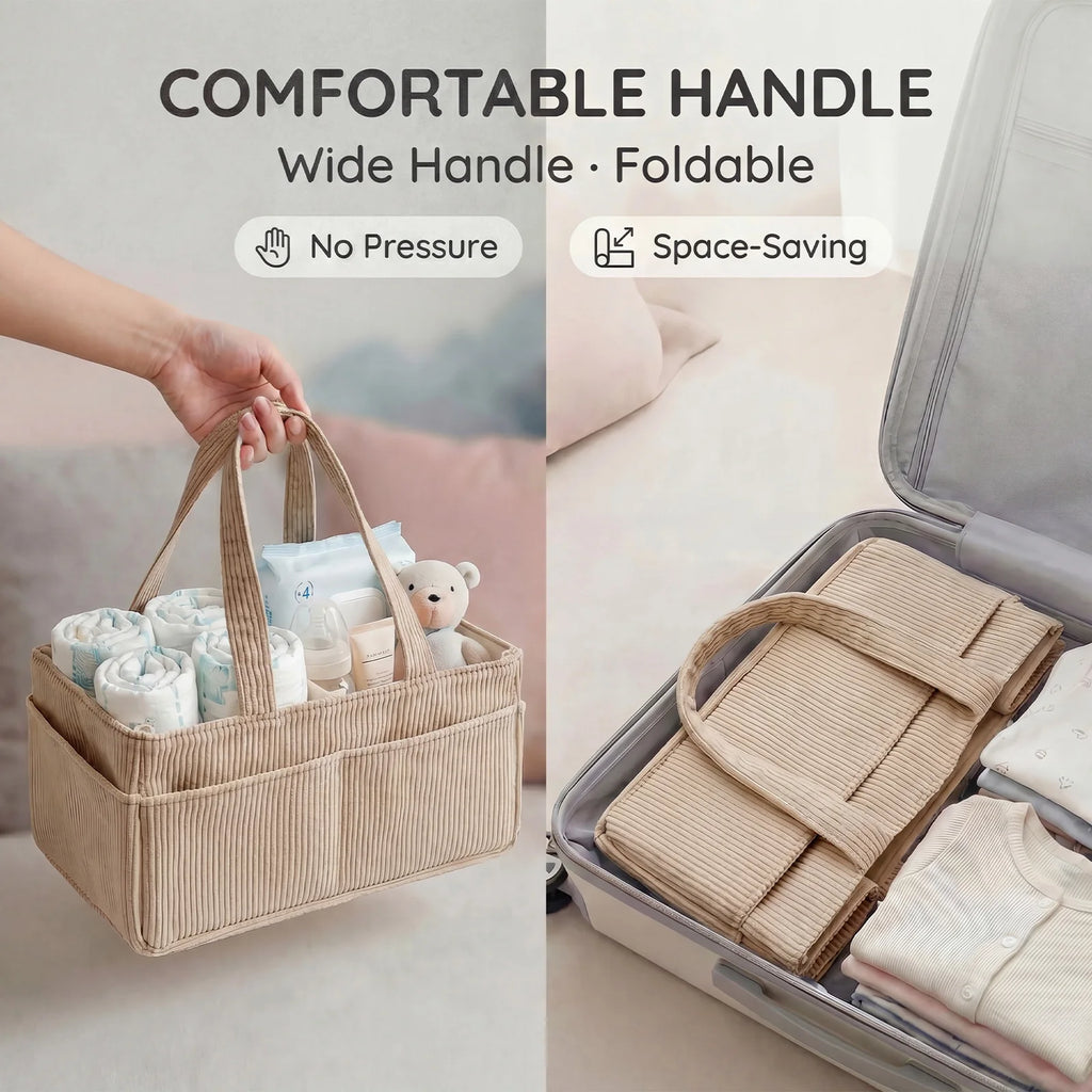 Portable Baby Diaper Caddy Organizer – Soft Corduroy Nursery Storage Basket with Handle, Multi-Pocket Baby Essentials & Toy Organizer