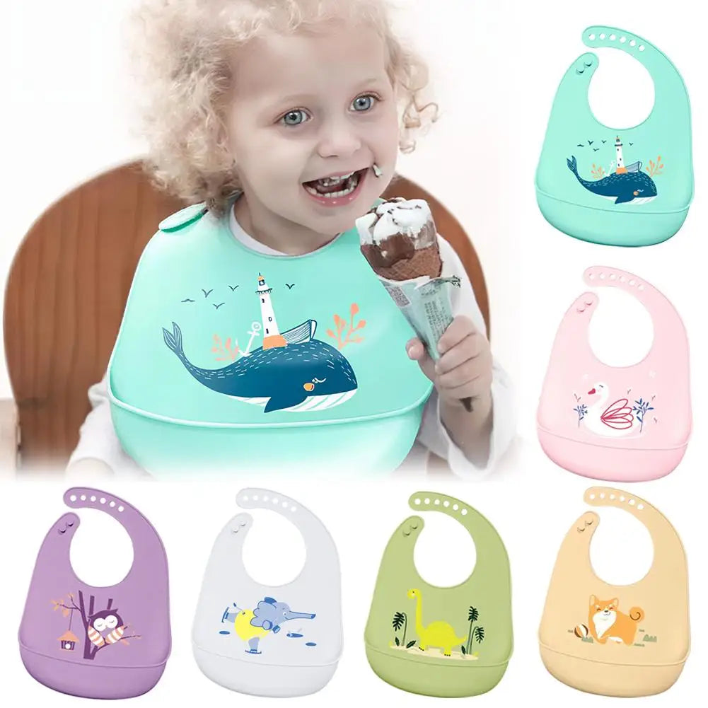 Children Silicone Baby Bib with Large Food Catcher – Waterproof Soft Feeding Bib with Cute Prints for Toddlers 1-3 Years