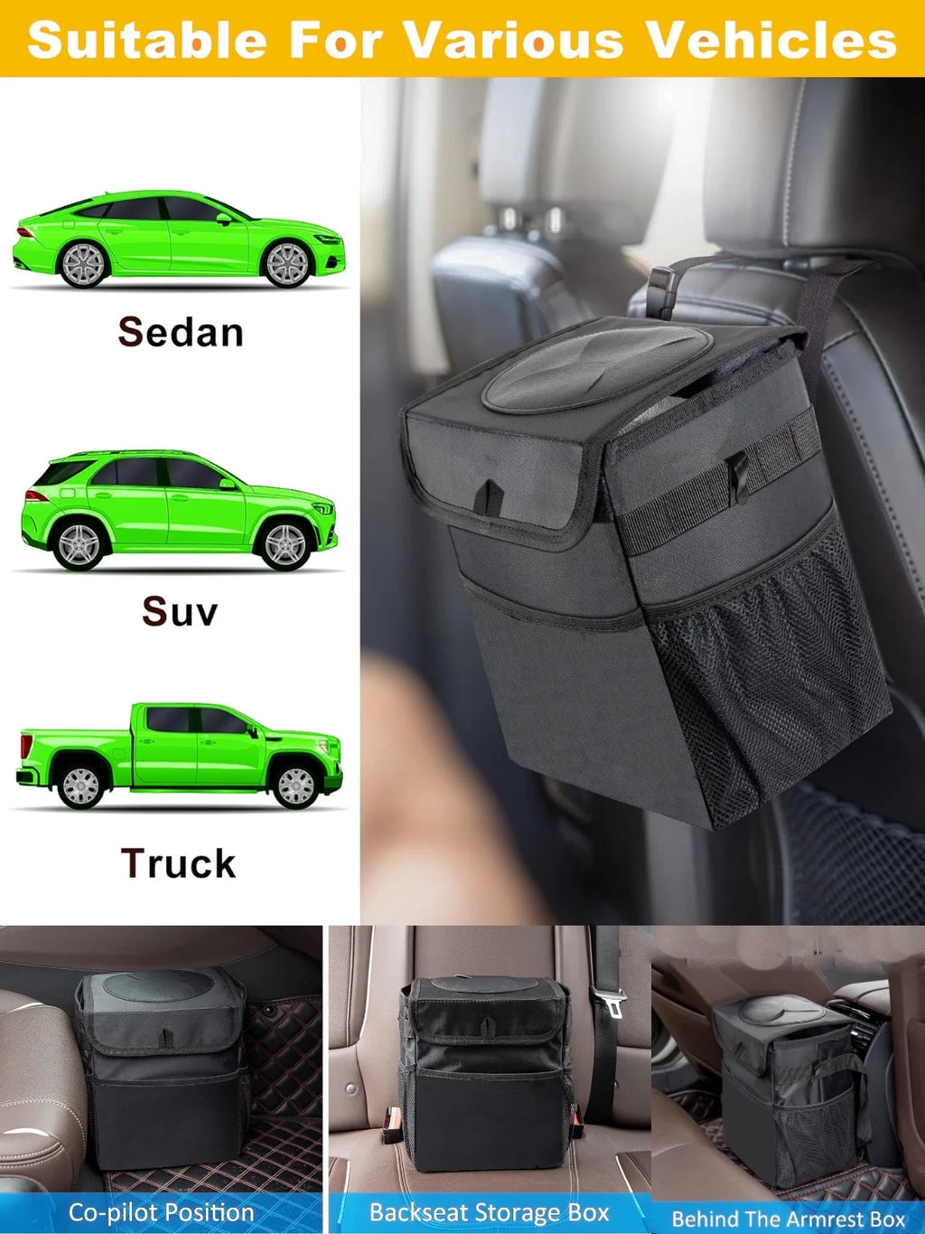 Collapsible Car Trash Can with Lid & Leakproof Oxford Cloth Storage Organizer