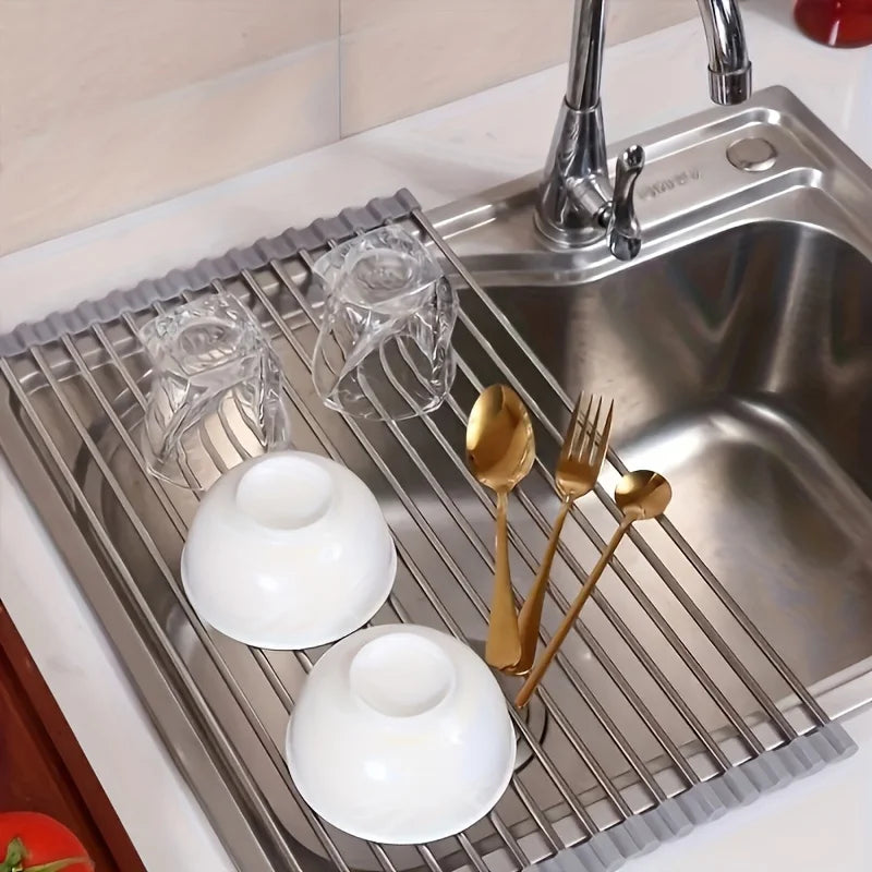 Roll Up Stainless Steel Dish Drying Rack for Kitchen Sink Space Saving Organization