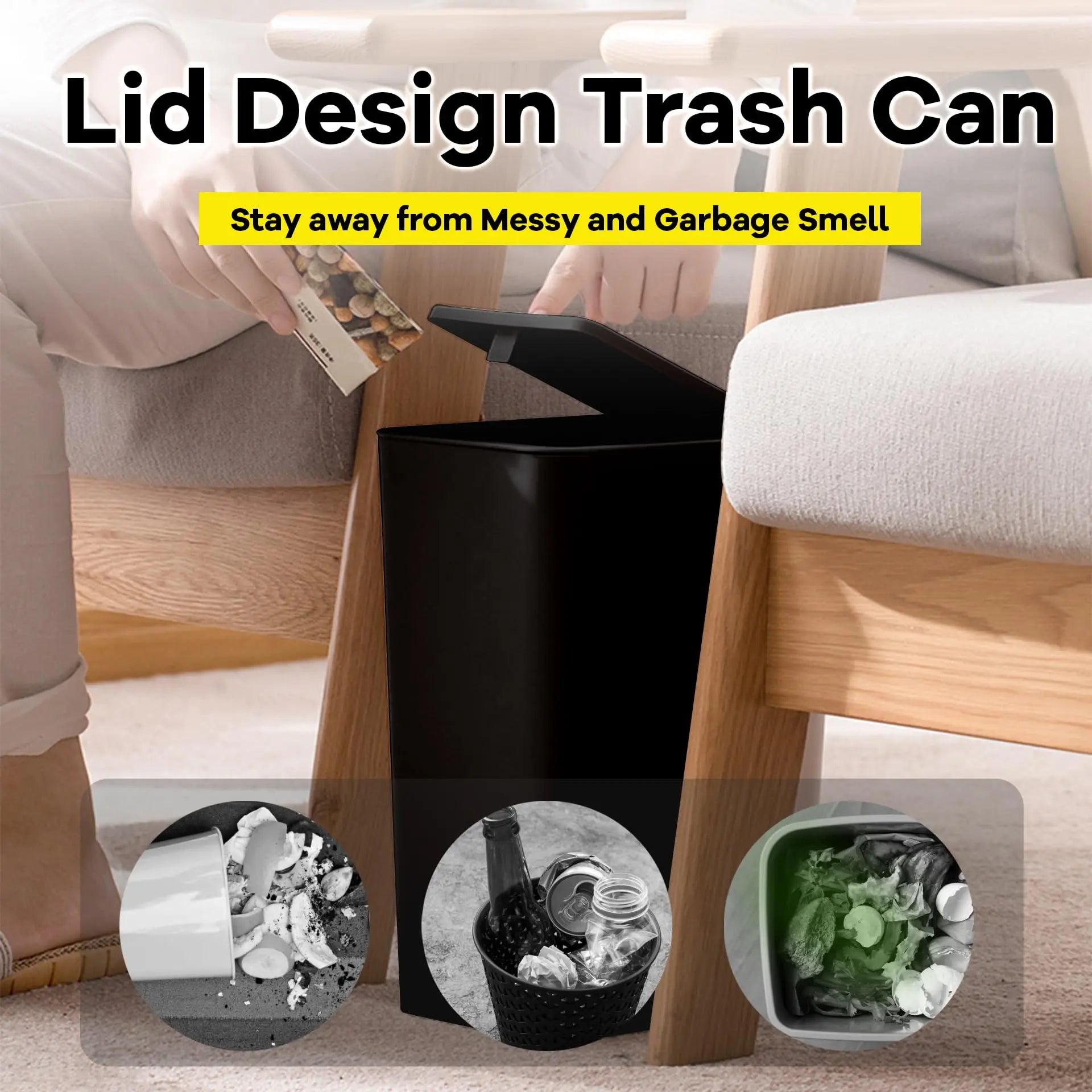 10L Bathroom Trash Can with Press Top Lid for Bedroom, Office & Small Spaces