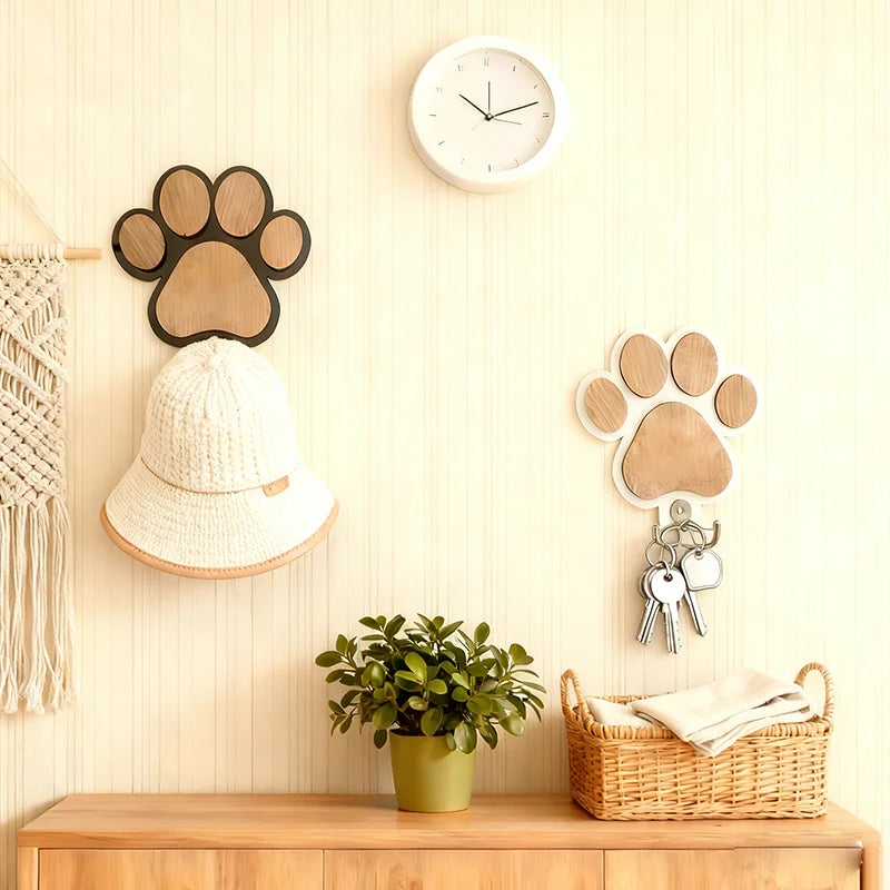 Paw Print Wooden Dog Leash Wall Hook – No-Drill Pet Organizer for Leashes, Collars, Keys & Coats