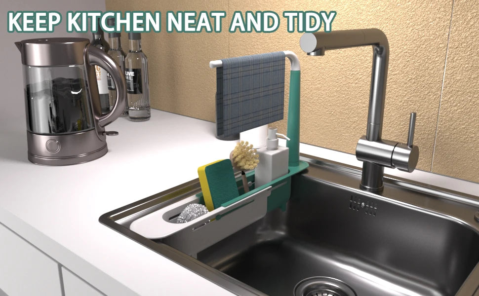 Expandable Sink Organizer Rack with Sponge Holders & Towel Bar