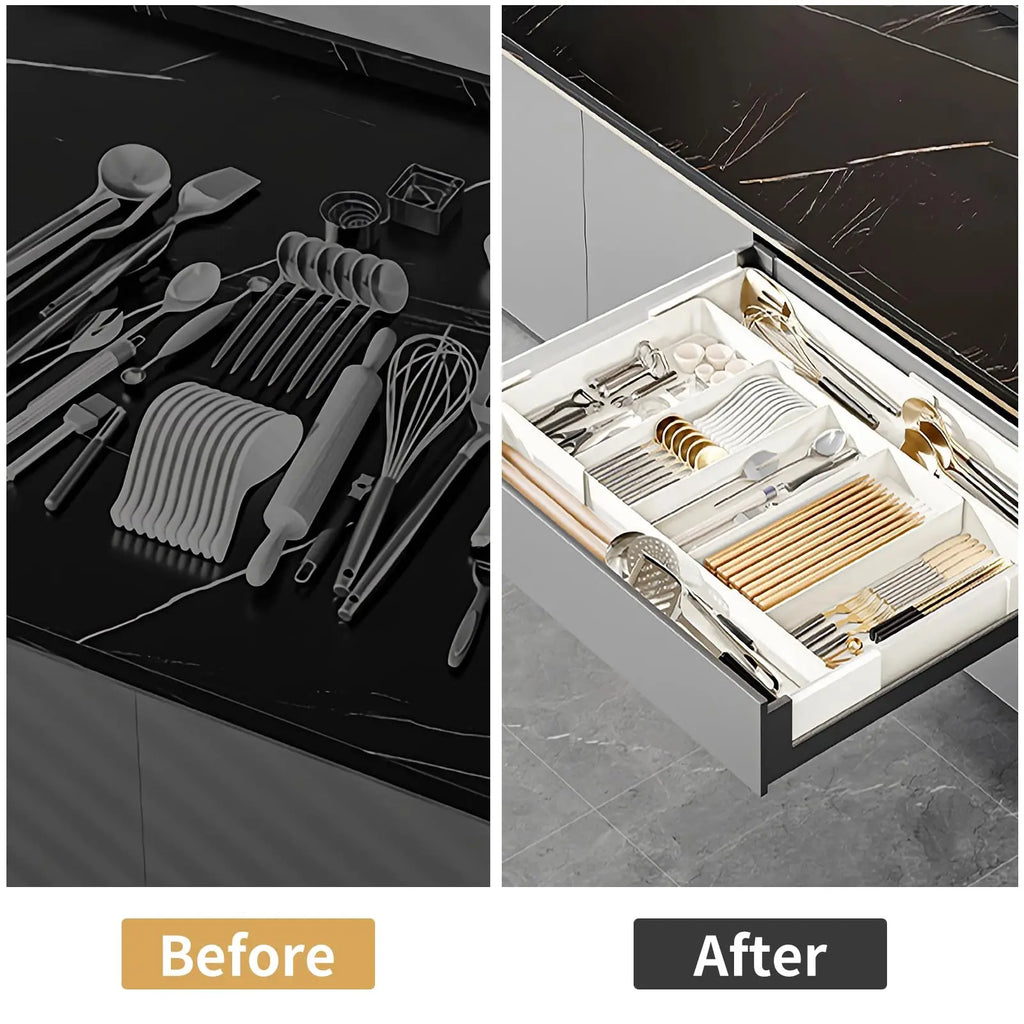 Organizador de cajones, Bandeja de cubiertos para cajón de cocina, Utensilio expandible con compartimento, Soporte para cucharas, tenedores y cuchillos
