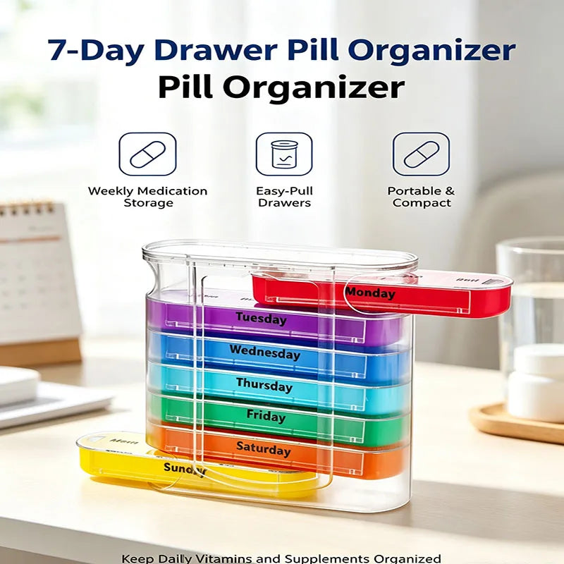 7-Day Weekly Pill Organizer – Portable Daily Medicine Storage Box with Colorful Drawer Design for Home & Travel