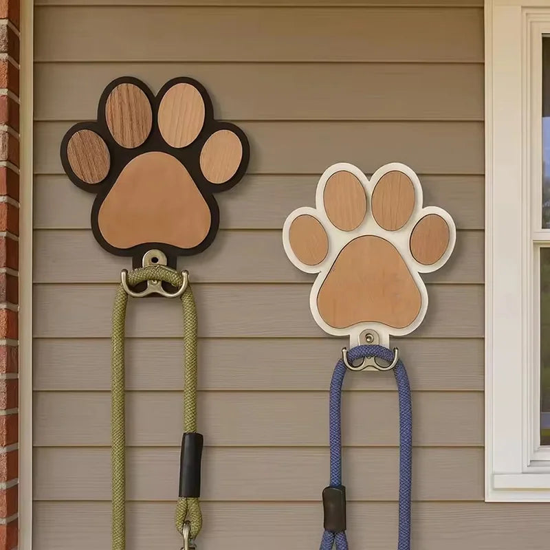 Paw Print Wooden Dog Leash Wall Hook – No-Drill Pet Organizer for Leashes, Collars, Keys & Coats