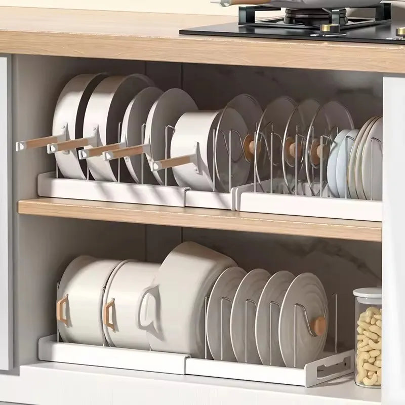 Organizador expandible de ollas y sartenes, organizador multifuncional de almacenamiento de ollas y sartenes, soporte para gabinetes que ahorra espacio para platos, cuencos y tapas