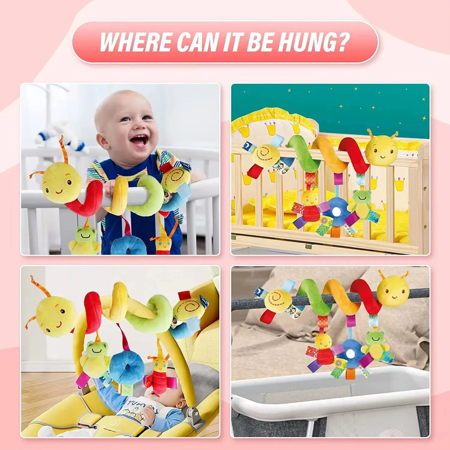 Baby Crib Hanging Spiral Toy – Soft Animal Rattle Mobile for Stroller, Car Seat, Newborn Sensory Development & Nursery