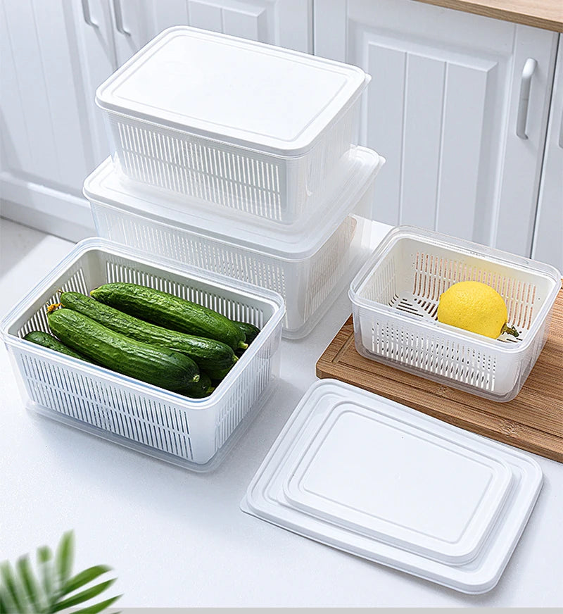 Refrigerator Storage Container with Drain Basket for Fruits & Vegetables