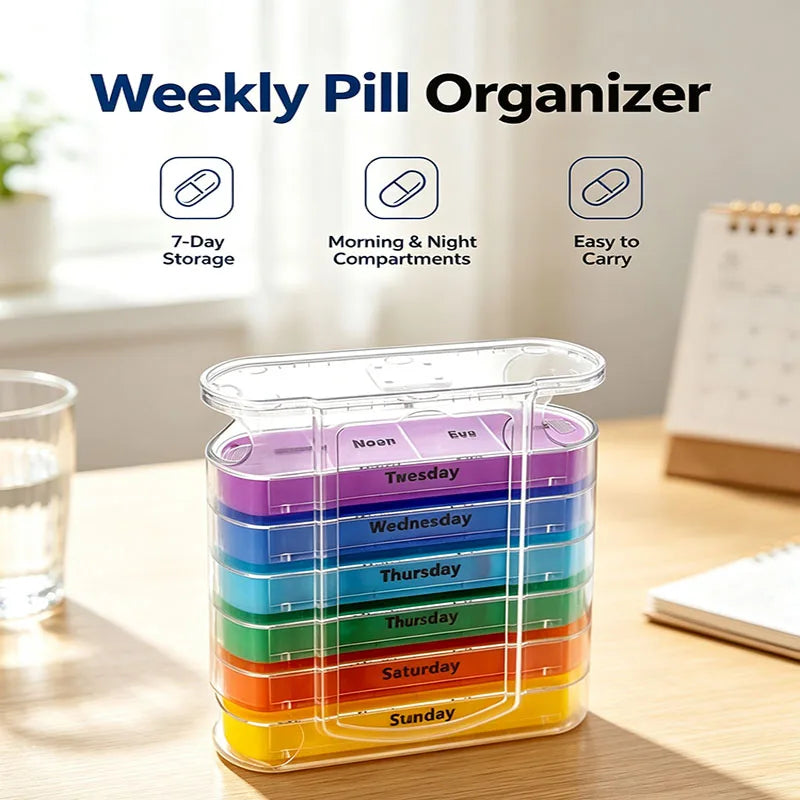 7-Day Weekly Pill Organizer – Portable Daily Medicine Storage Box with Colorful Drawer Design for Home & Travel