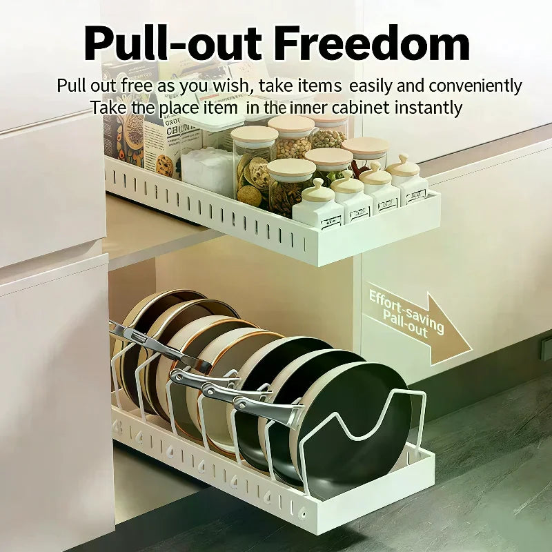 Pots And Pans Organizer Under Cabinet Sliding Pot Lid Storage Holder Kitchen Adjustable Slide Out Dish Pan Storage Rack Shelf