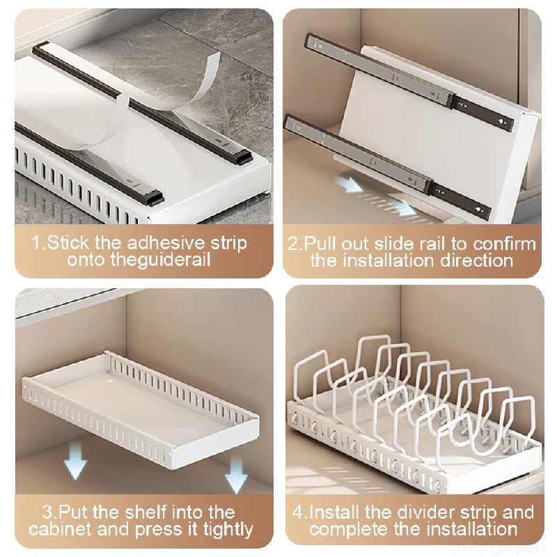 Pull-Out Pots & Pans Organizer for Cabinets – Adjustable Under Cabinet Cookware Storage Rack with 8 Dividers