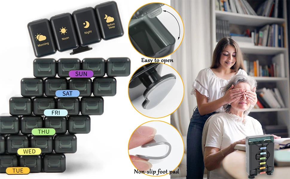 7-Day Weekly Pill Organizer – Large 4 Times a Day Medicine Box with Portable Daily Compartments for Vitamins & Supplements7-Day Weekly Pill Organizer – Large 4 Times a Day Medicine Box with Portable Daily Compartments for Vitamins & Supplements
