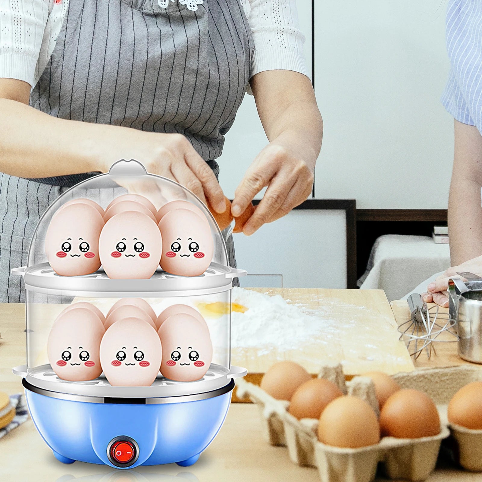 Double Layer Electric Egg Cooker – 14 Egg Automatic Egg Boiler & Food Steamer with Auto Shut-Off and Measuring Cup