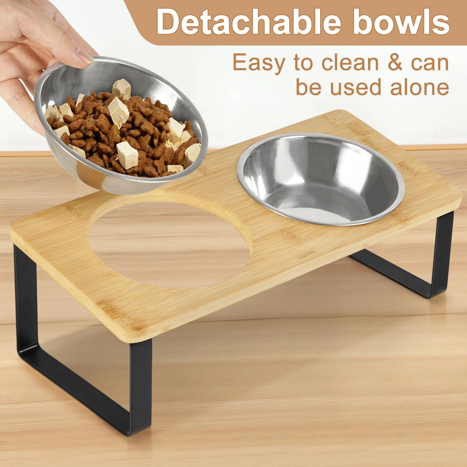 Elevated Cat Bowls with Wooden Stand – 15° Tilted Raised Stainless Steel Feeder for Cats & Puppies