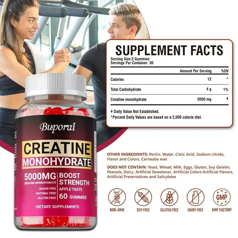 Creatine Monohydrate Gummies for Adults – Vegan Non-GMO Creatine Supplement for Muscle Strength, Endurance & Workout Performance Support