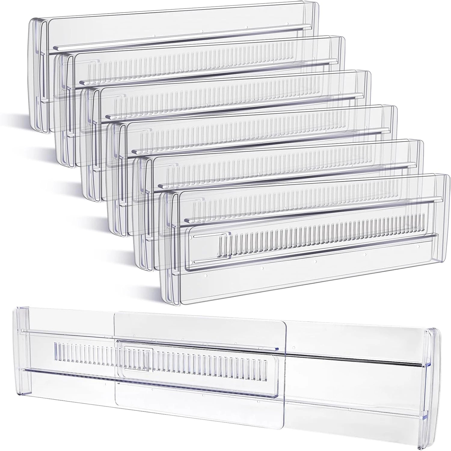 6 Pack Adjustable Drawer Dividers – Expandable Clear Drawer Organizer for Clothes, Kitchen Utensils, Tableware & Home Storage