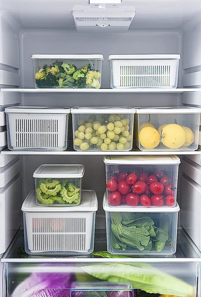 Refrigerator Storage Container with Drain Basket for Fruits & Vegetables