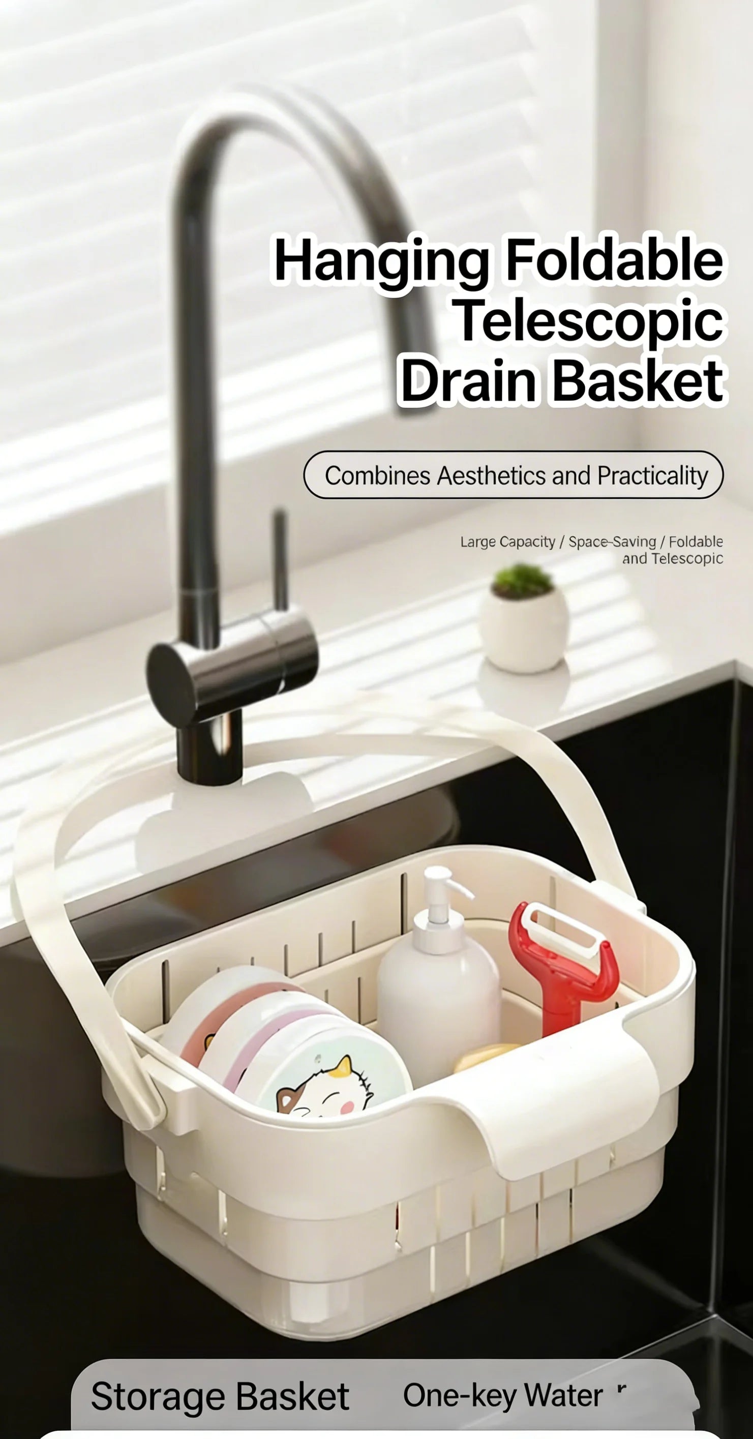 Colador de fregadero plegable y expandible colgante, cesta de filtro para residuos de alimentos y frutas, colador de fregadero ahorrador de espacio para cocina doméstica