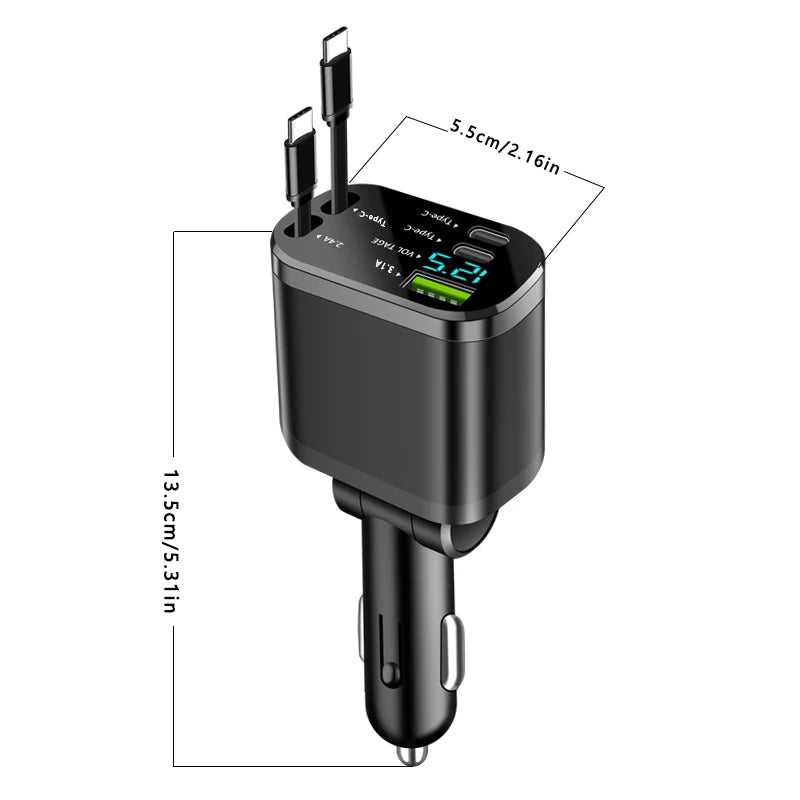 Cargador de coche, cargador de coche con cable retráctil, cargador PD para coche, cargador rápido para coche, carga superrápida, carga flash, cinco en uno cig