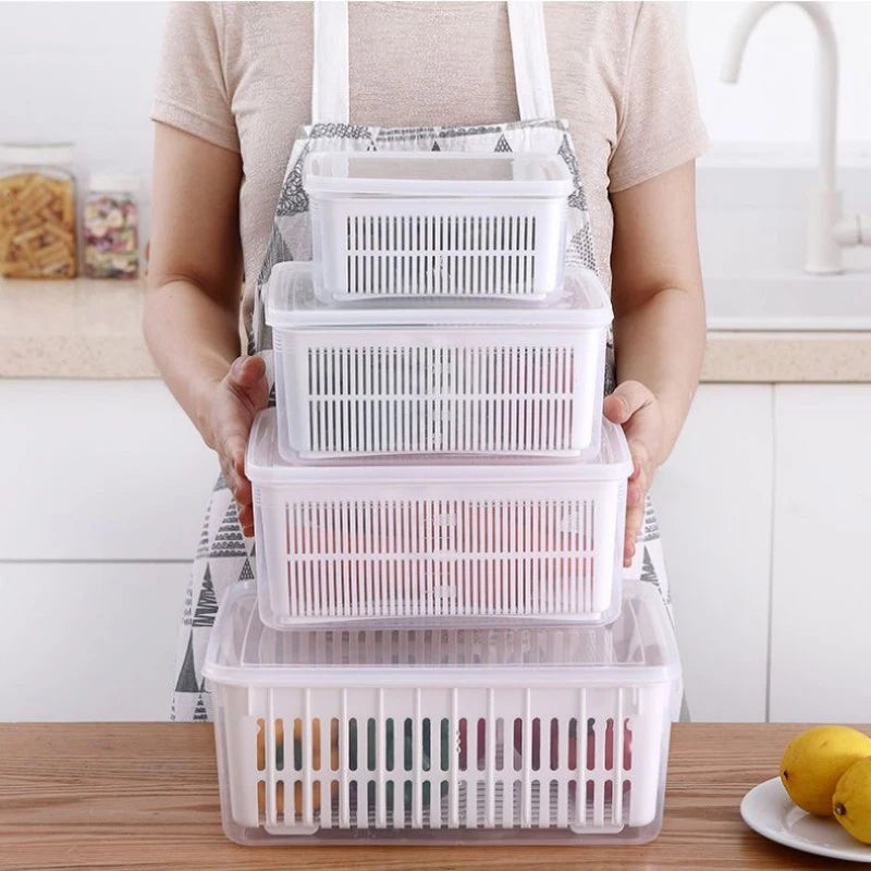 Refrigerator Storage Container with Drain Basket for Fruits & Vegetables