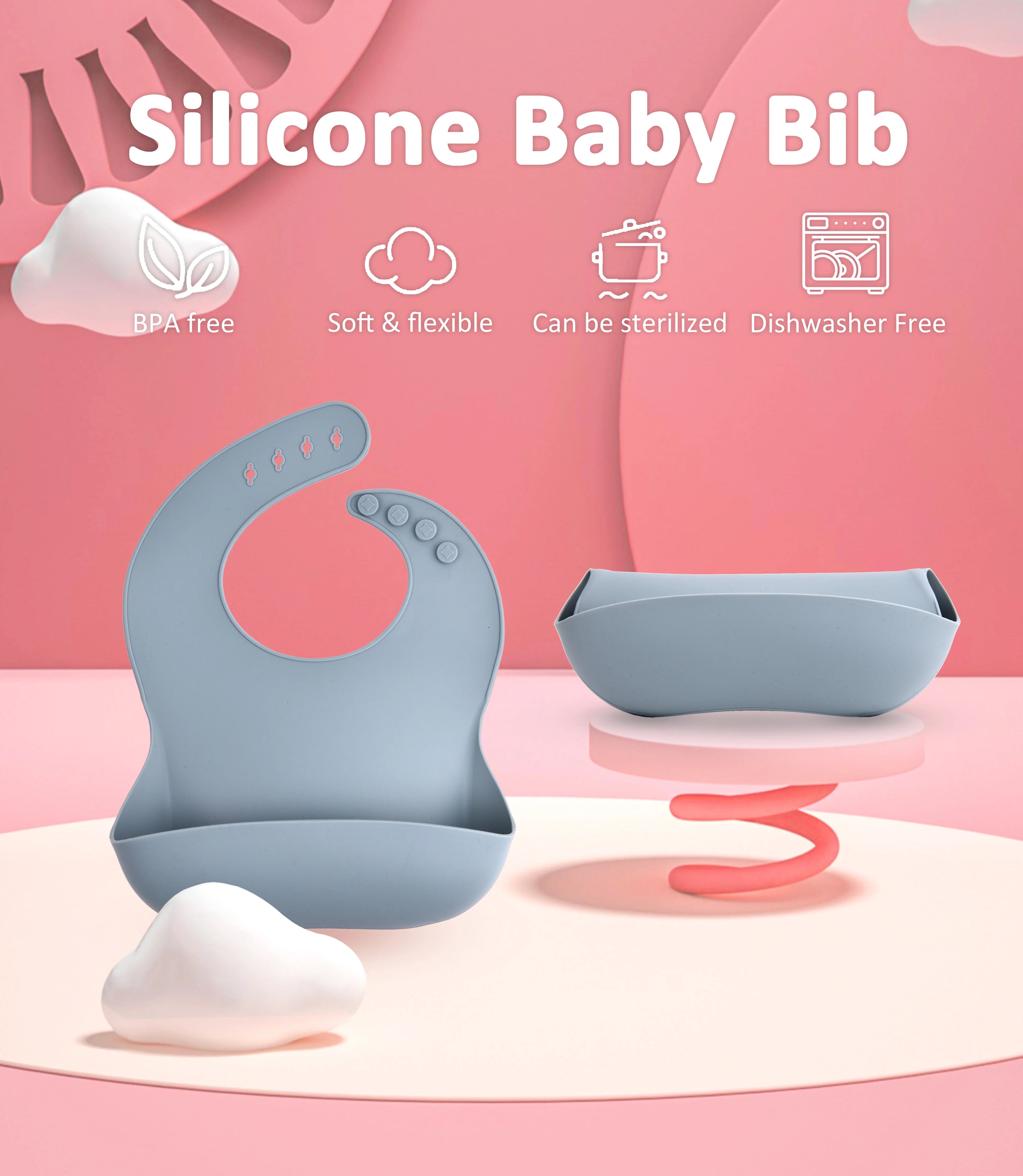 Silicone Baby Bib with Food Catcher – Waterproof Soft Feeding Bib for Infants, Adjustable Easy Clean Baby Bib