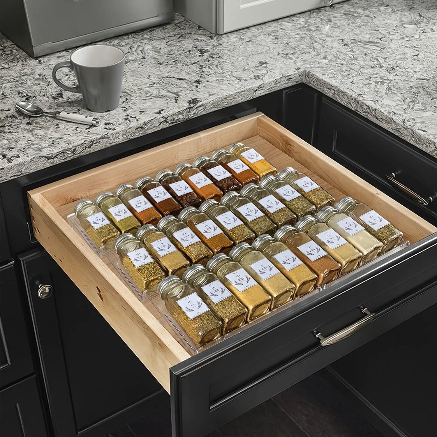 Organizador de cajones para especias extensible de 2 piezas, organizador de cocina de plástico, almacenamiento duradero que ahorra espacio para gabinetes, encimeras