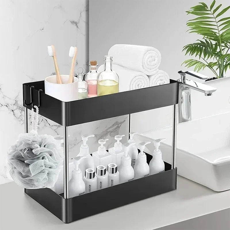 Organizador de almacenamiento para debajo del fregadero de 1/2 pieza, estante multiusos de 2 niveles con cajones para debajo del fregadero, organizador para baño y cocina