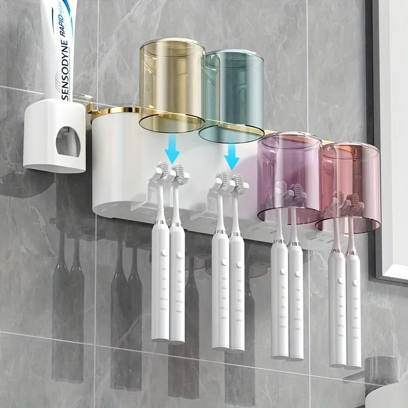 Wall-Mounted Toothbrush Holder with Toothpaste Squeezer & Cup