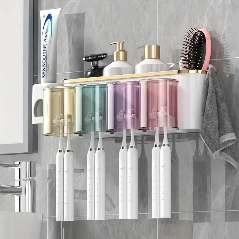 Wall-Mounted Toothbrush Holder with Toothpaste Squeezer & Cup
