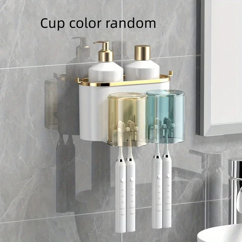 Wall-Mounted Toothbrush Holder with Toothpaste Squeezer & Cup