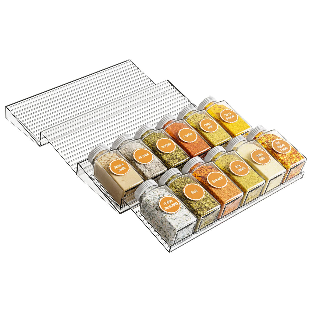 Organizador de cajones para especias extensible de 2 piezas, organizador de cocina de plástico, almacenamiento duradero que ahorra espacio para gabinetes, encimeras