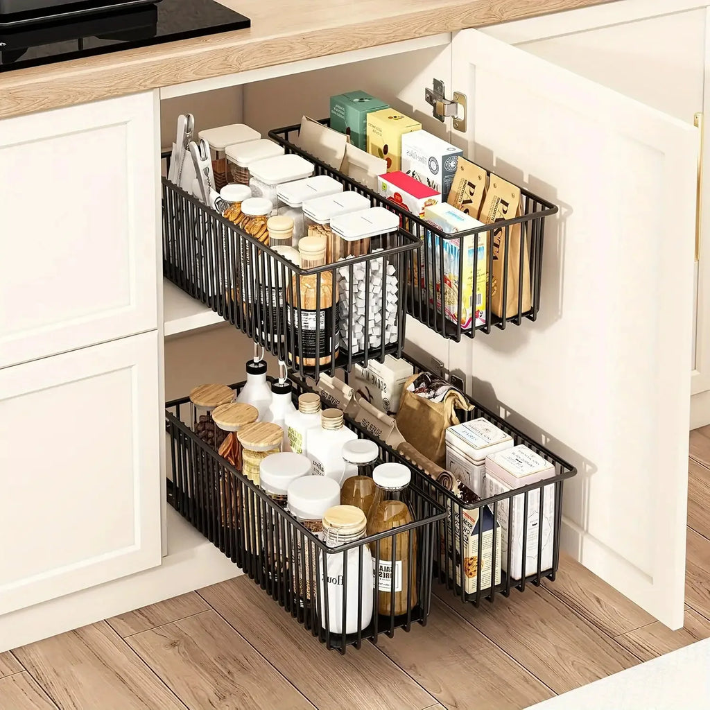 Cesta organizadora extraíble para gabinete, caja de almacenamiento con cajón deslizante debajo del fregadero, estante deslizante para aparador de cocina