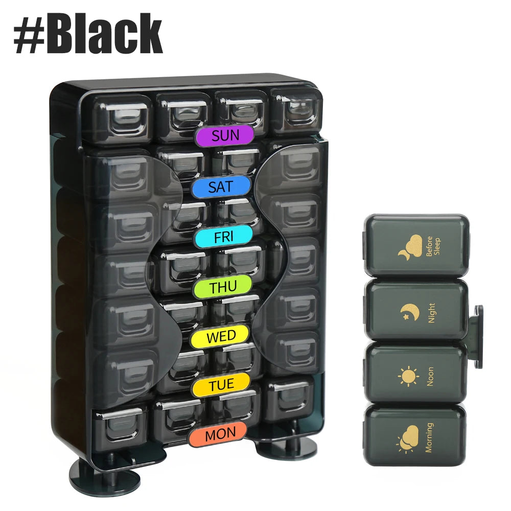 7-Day Weekly Pill Organizer – Large 4 Times a Day Medicine Box with Portable Daily Compartments for Vitamins & Supplements7-Day Weekly Pill Organizer – Large 4 Times a Day Medicine Box with Portable Daily Compartments for Vitamins & Supplements