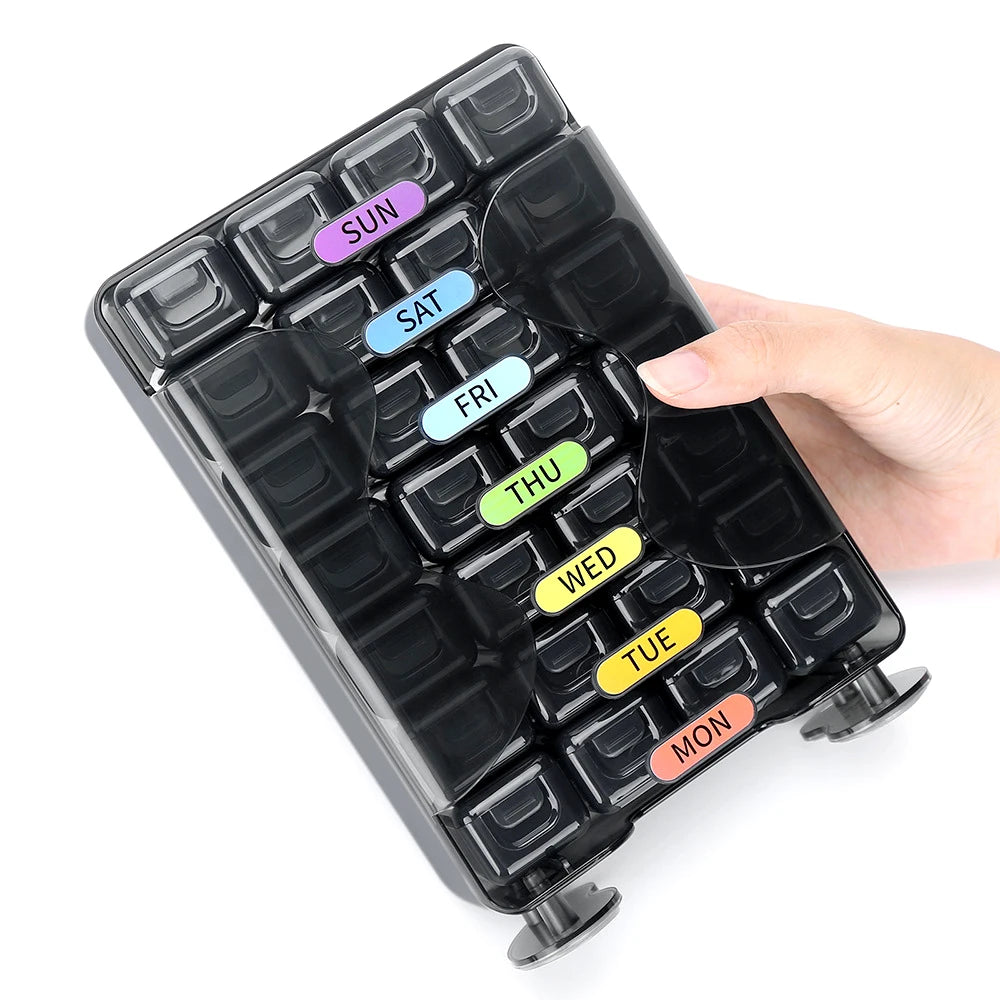 7-Day Weekly Pill Organizer – Large 4 Times a Day Medicine Box with Portable Daily Compartments for Vitamins & Supplements7-Day Weekly Pill Organizer – Large 4 Times a Day Medicine Box with Portable Daily Compartments for Vitamins & Supplements