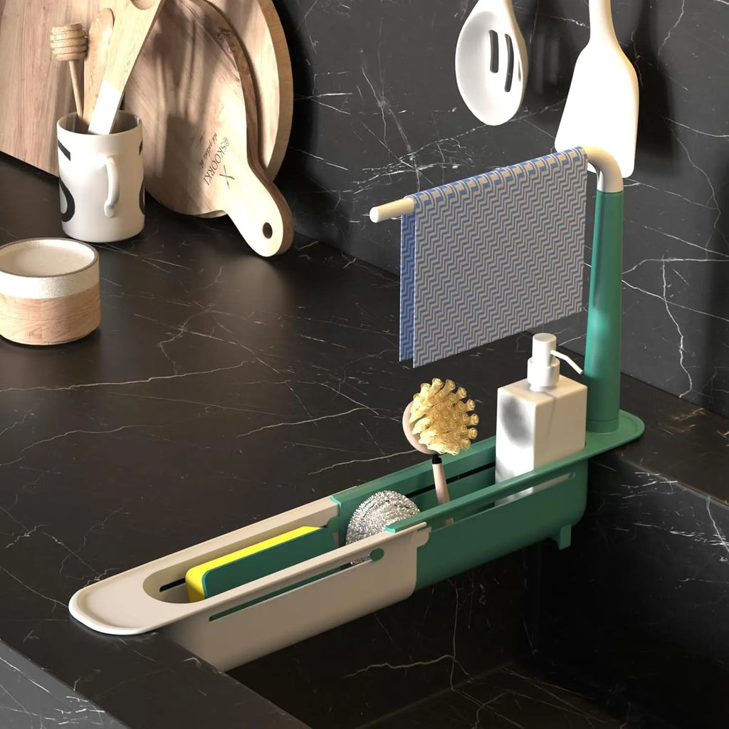Expandable Sink Organizer Rack with Sponge Holders & Towel Bar