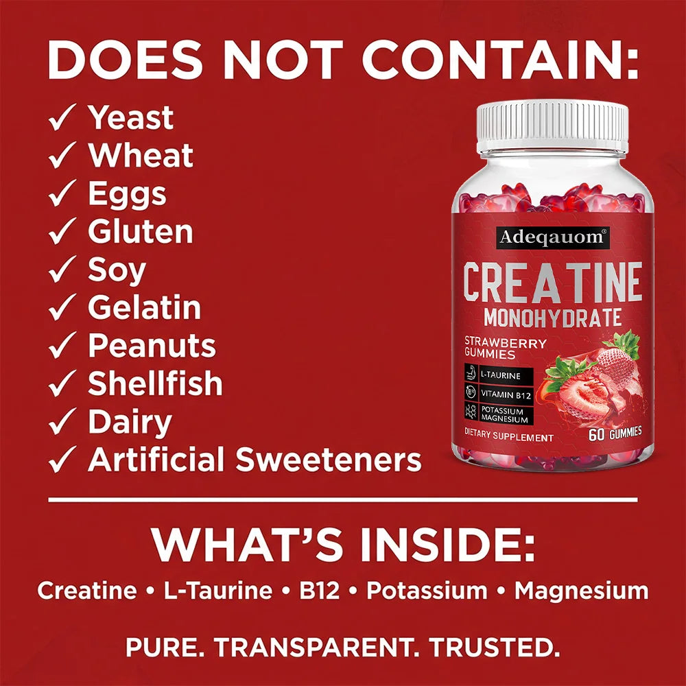 Creatine Monohydrate Gummies – Muscle Strength, Performance & Recovery Support, Strawberry Flavor
