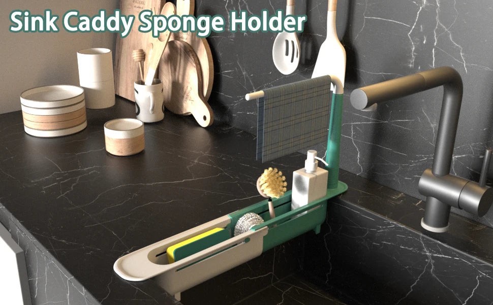 Expandable Sink Organizer Rack with Sponge Holders & Towel Bar