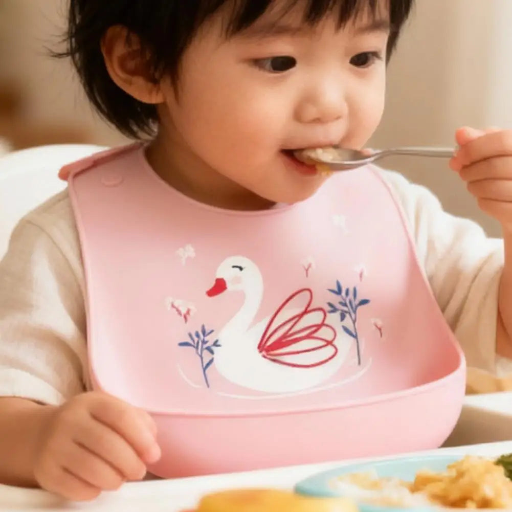 Children Silicone Baby Bib with Large Food Catcher – Waterproof Soft Feeding Bib with Cute Prints for Toddlers 1-3 Years