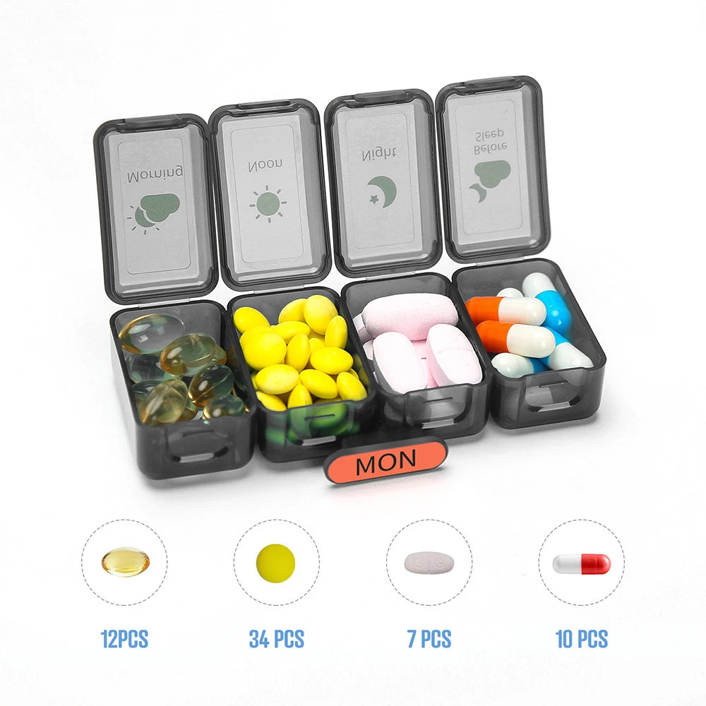 7-Day Weekly Pill Organizer – Large 4 Times a Day Medicine Box with Portable Daily Compartments for Vitamins & Supplements7-Day Weekly Pill Organizer – Large 4 Times a Day Medicine Box with Portable Daily Compartments for Vitamins & Supplements