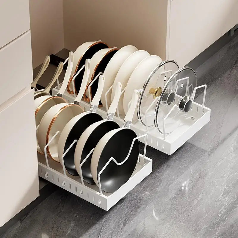 Organizador de ollas y sartenes bajo el gabinete, soporte deslizante para tapas de ollas, estante de almacenamiento de platos y sartenes deslizante y ajustable para cocina