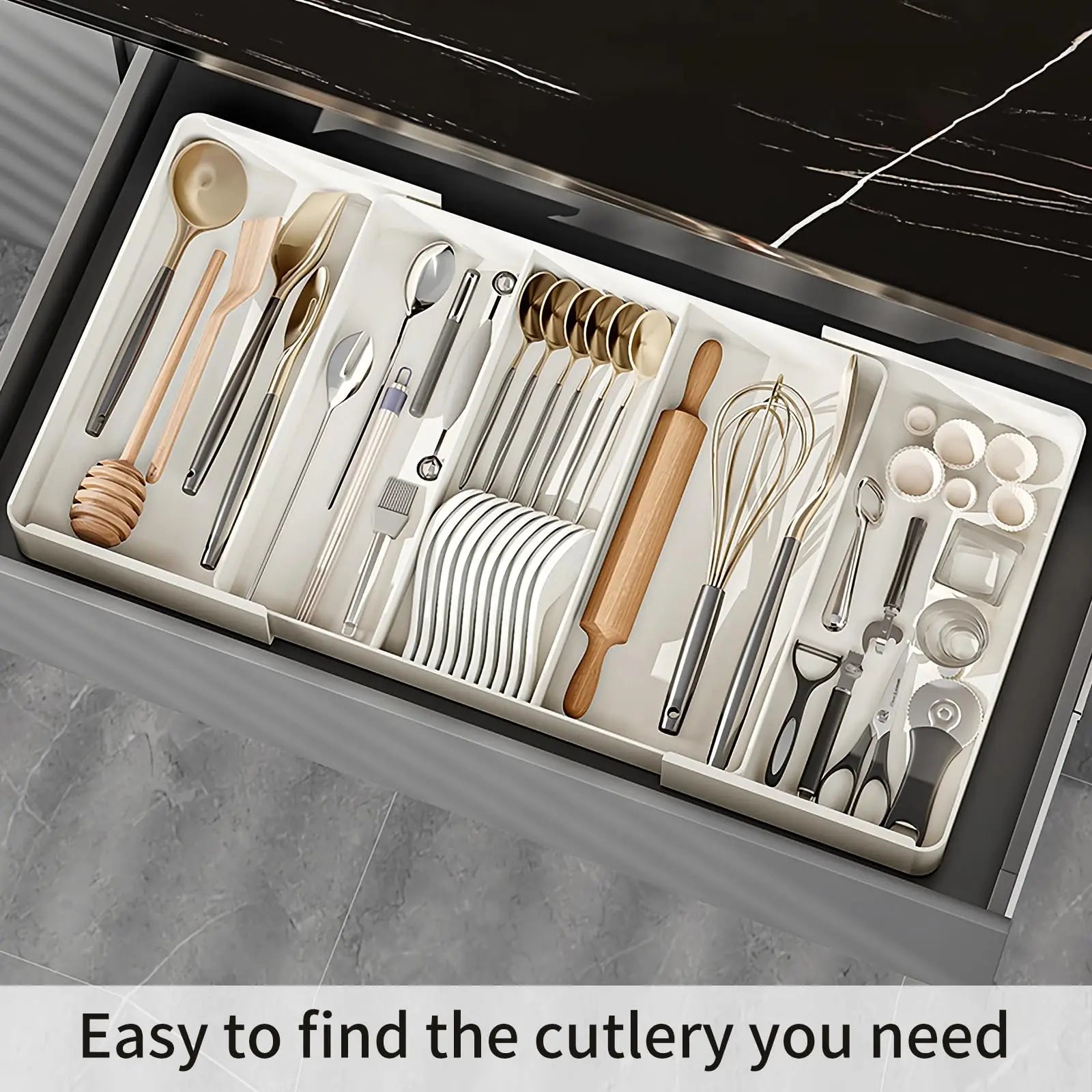 Organizador de cajones, Bandeja de cubiertos para cajón de cocina, Utensilio expandible con compartimento, Soporte para cucharas, tenedores y cuchillos