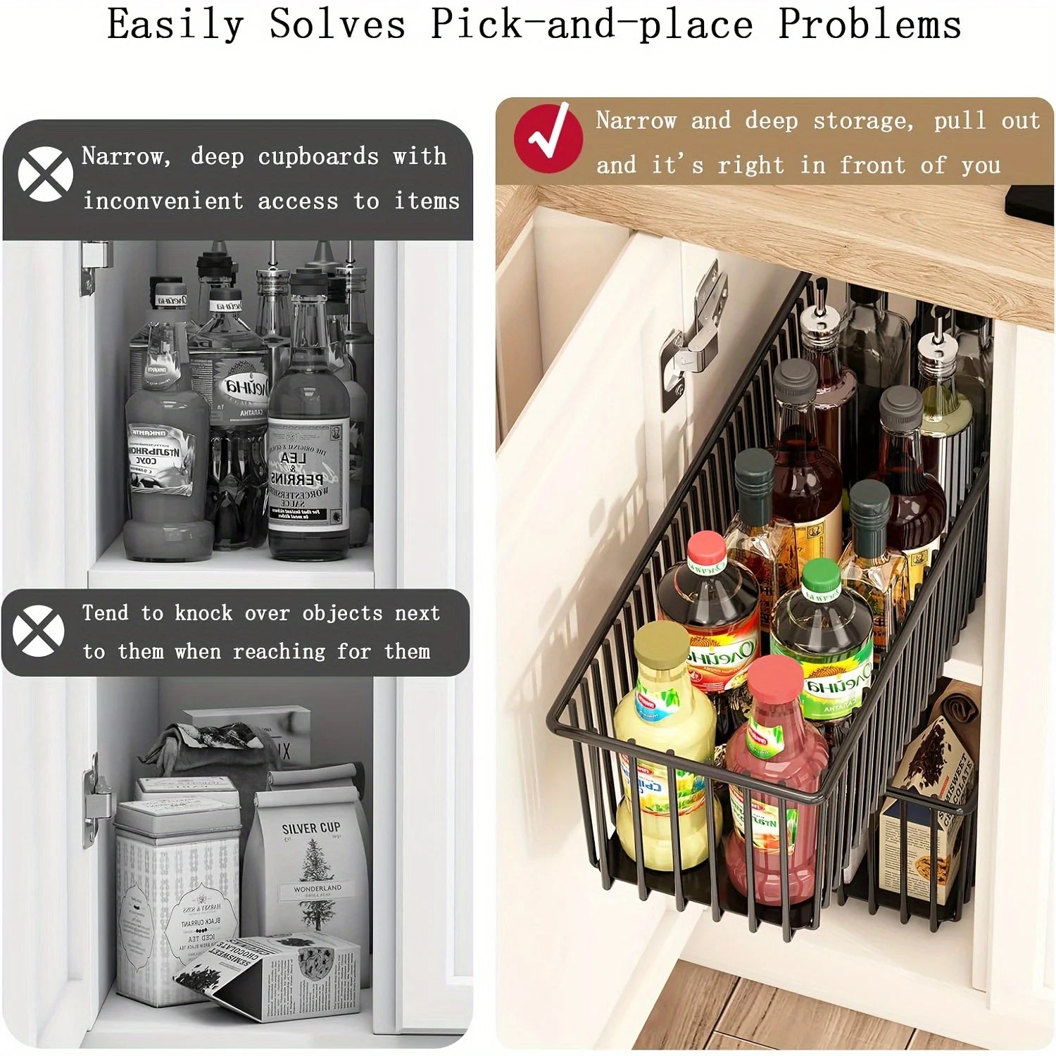 Pull-Out Cabinet Organizer with Sliding Storage Basket – No Drilling