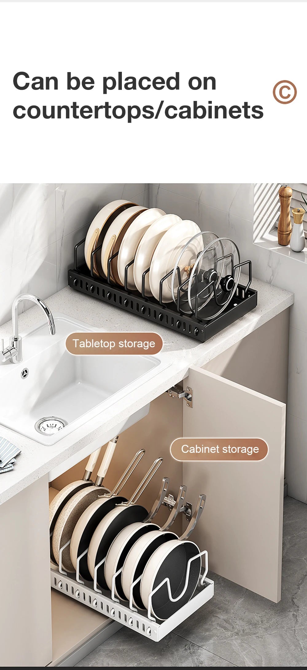 Pull-Out Pots & Pans Organizer for Cabinets – Adjustable Under Cabinet Cookware Storage Rack with 8 Dividers