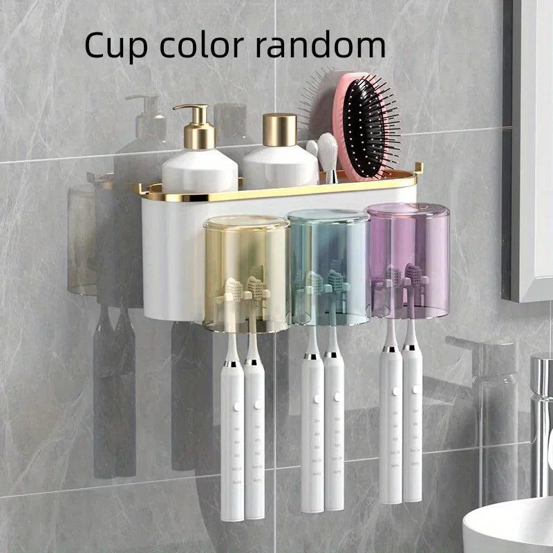 Wall-Mounted Toothbrush Holder with Toothpaste Squeezer & Cup