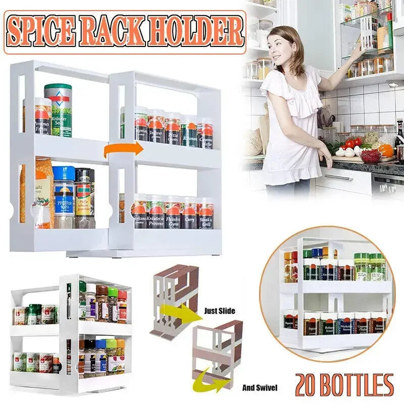 2-Tier Rotating Spice Organizer Rack for Kitchen Cabinet & Countertop Storage