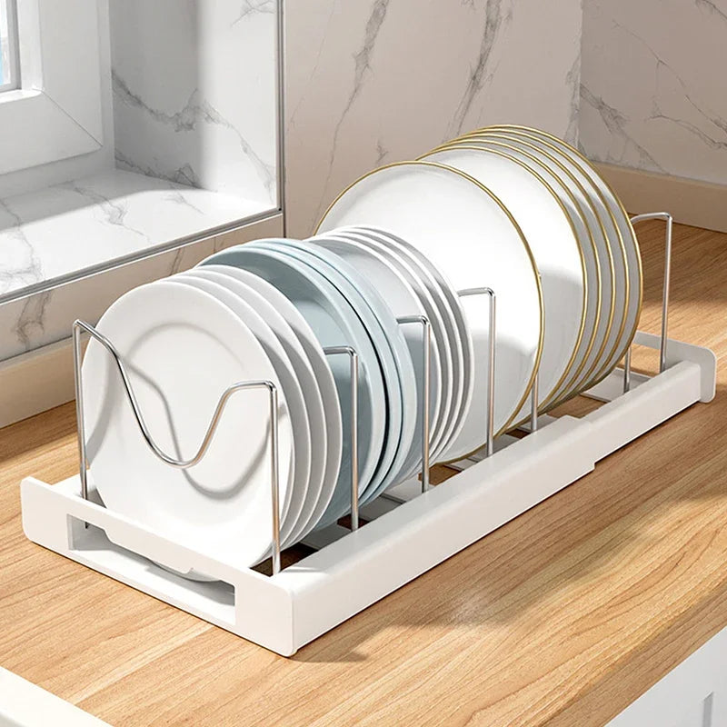 Estante organizador de sartenes expandible con 7 compartimentos ajustables, estante de almacenamiento de platos, organizador de tapas de ollas, soporte de ollas, estante de utensilios de cocina